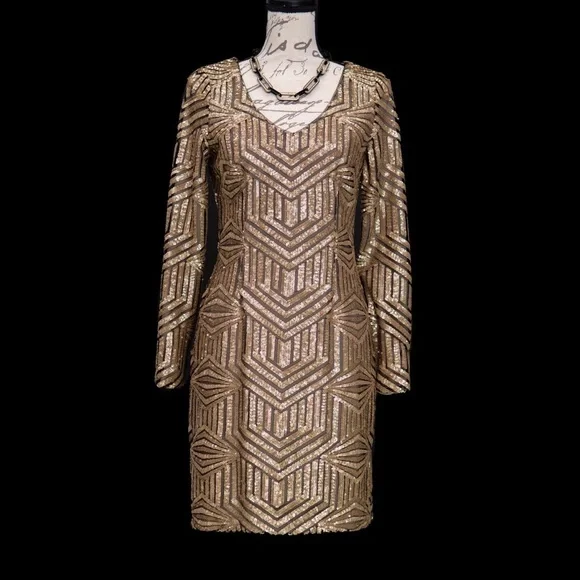 AQUA BRAND GOLD SEQUIN GATSBY LONG SLEEVE MINI DRESS 8/10 - Picture 1 of 8